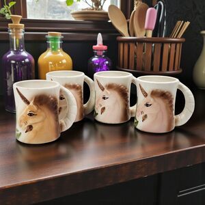 Vintage Hand-Painted Unicorn Mugs Set of 4 3D Horn Handles 70s Fantasy Magical